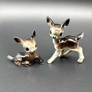 Vintage Kitschy Big Eye Eyelash Ceramic Deer Figurines Christmas Woodland Nature